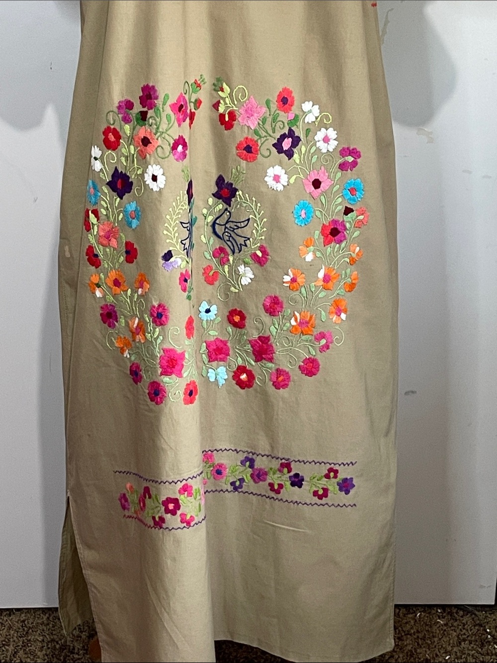 Vintage Hand Embroidered Khaki Mexican Puebla Maxi Dress - Picture 3 of 12